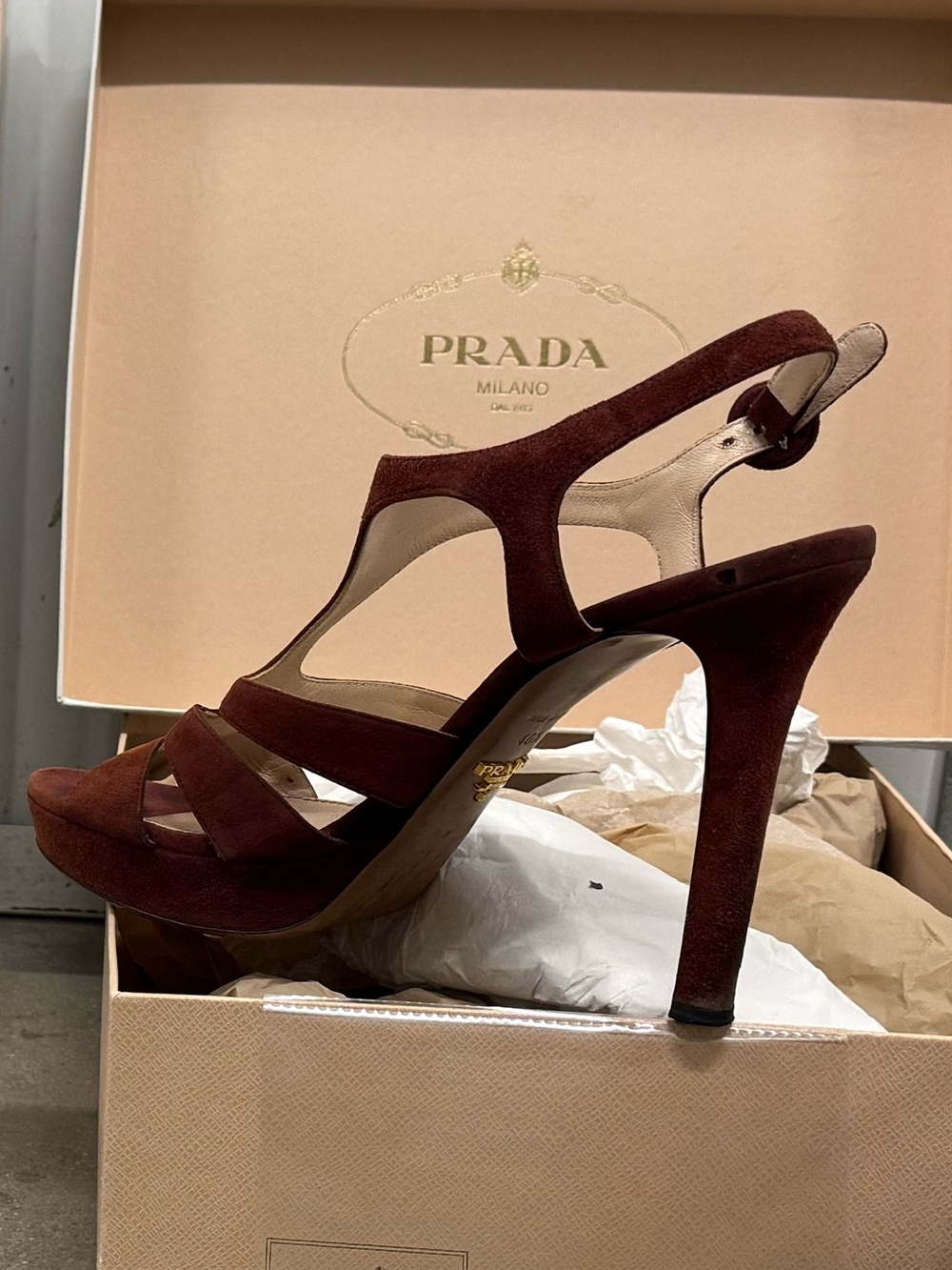 Prada Burgundy Suede Strappy High Heel Sandals - Picture 1 of 4